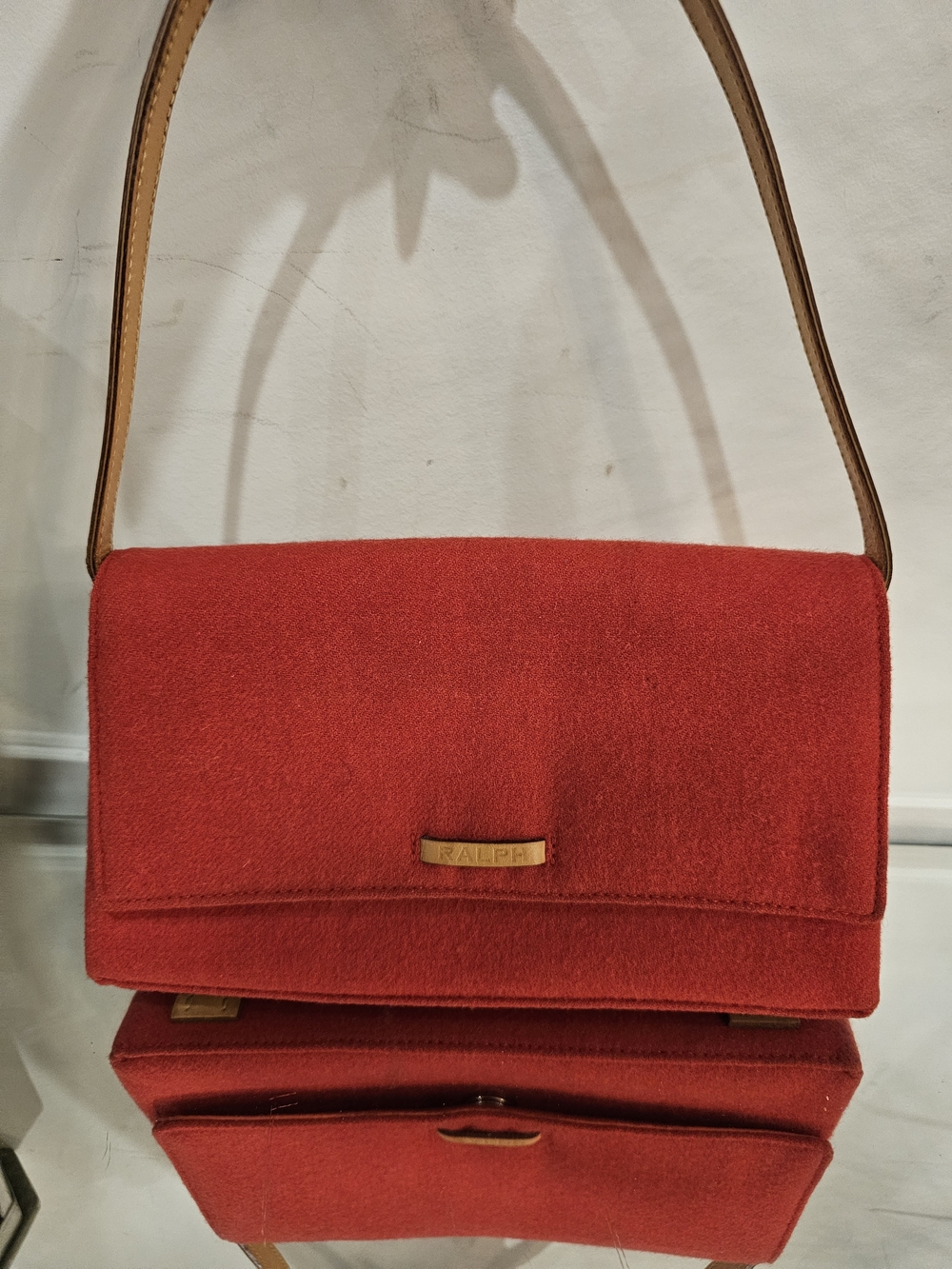 Ralph Lauren Red Wool Shoulder Bag with Tan Strap